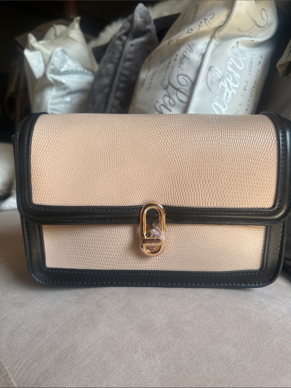 Refined Beige and Black Crossbody Bag with Gold Clasp